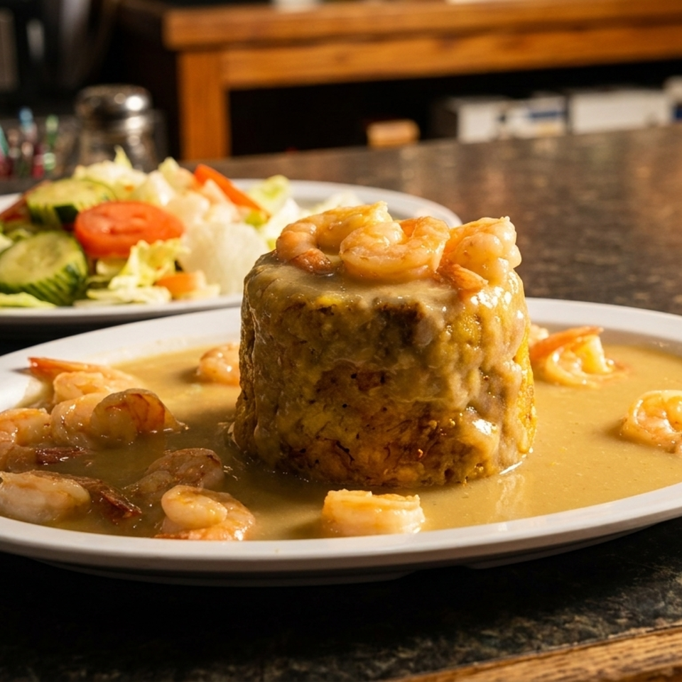 Mofongo with shrimp in a creamy sauce, served with a side salad on a dark countertop.